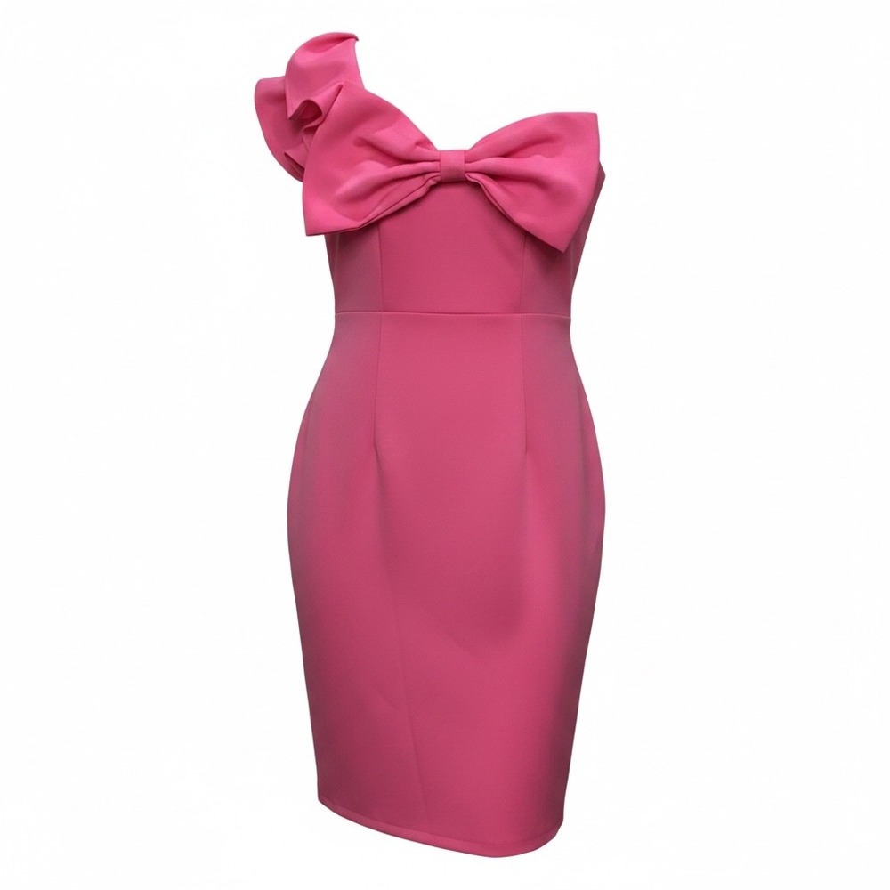 Adyce Pink One Shoulder Bow Ruffle Bodycon Cocktail Party Dress Womens Large